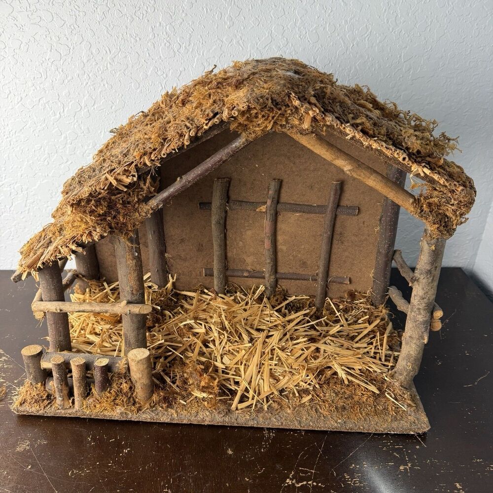 Vintage Handmade Wooden Rustic Nativity Christmas Manger Stable Creche 21x16x9